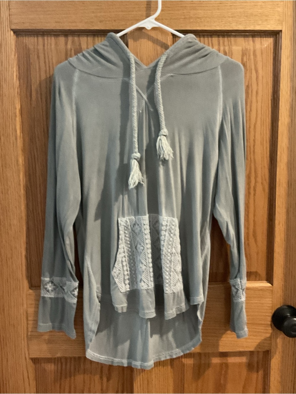 POL Lace Pocket Hooded Tunic Top Gray Boho Cottagecore Small